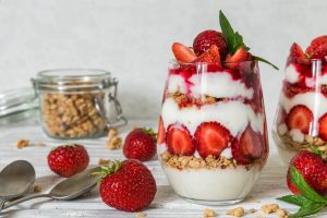 Homemade Muelsi made with oats, strawberries and fat free yoghurt