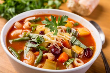 Minestrone Soup with Pasta will keep hunger pangs at bay.